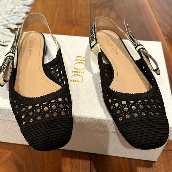 Christian Dior Cannage Mesh Slingback Black Ballerina Flat with Logo Ribbon - Picture 1 of 5